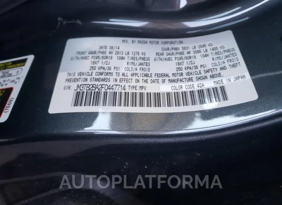 MAZDA CX-9 SPORT 2015 vin JM3TB2BA2F0447714 from auto auction Copart