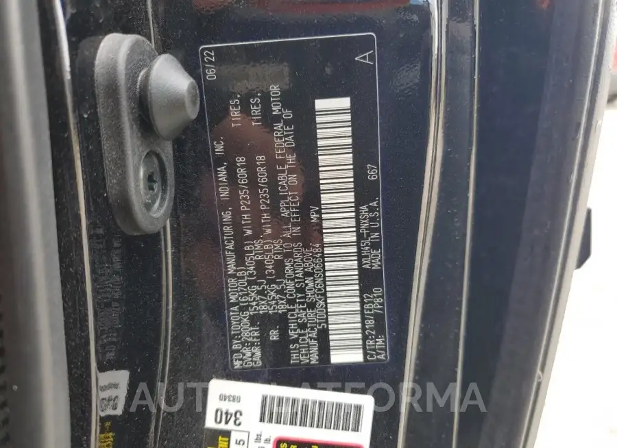 TOYOTA SIENNA XSE 2022 vin 5TDDSKFC6NS066484 from auto auction Copart