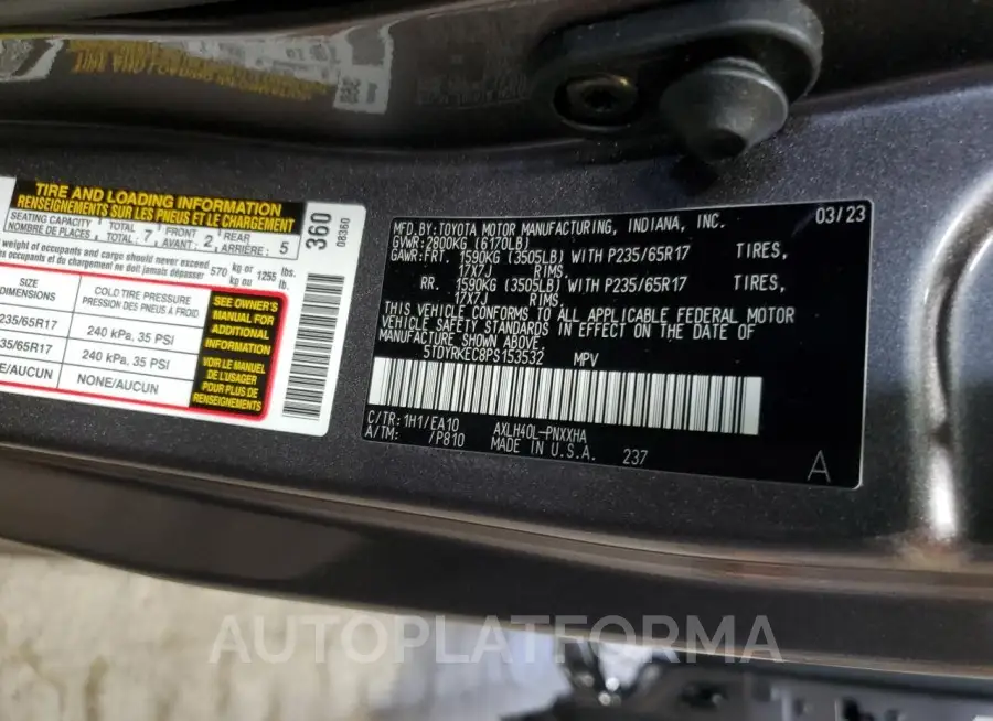 TOYOTA SIENNA XLE 2023 vin 5TDYRKEC8PS153532 from auto auction Copart