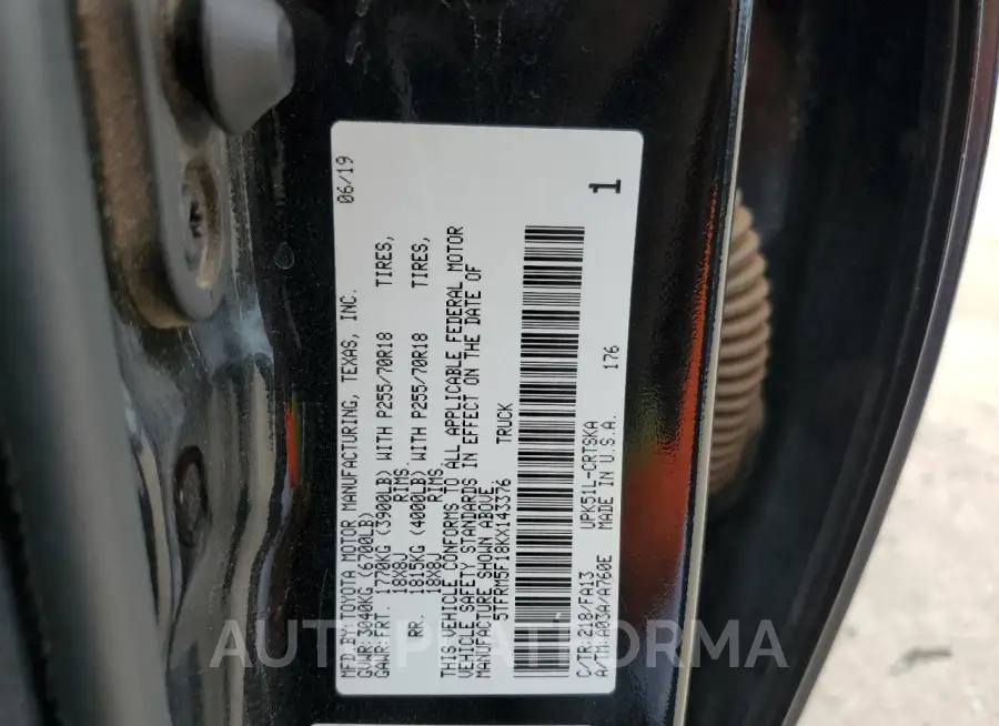 TOYOTA TUNDRA DOU 2019 vin 5TFRM5F18KX143376 from auto auction Copart