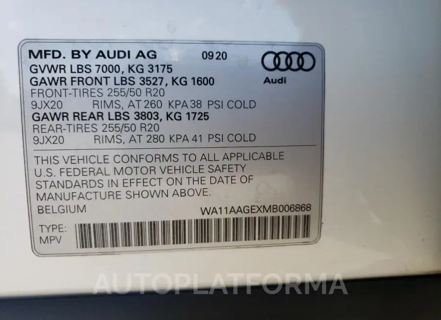 AUDI E-TRON SPO 2021 vin WA11AAGEXMB006868 from auto auction Copart