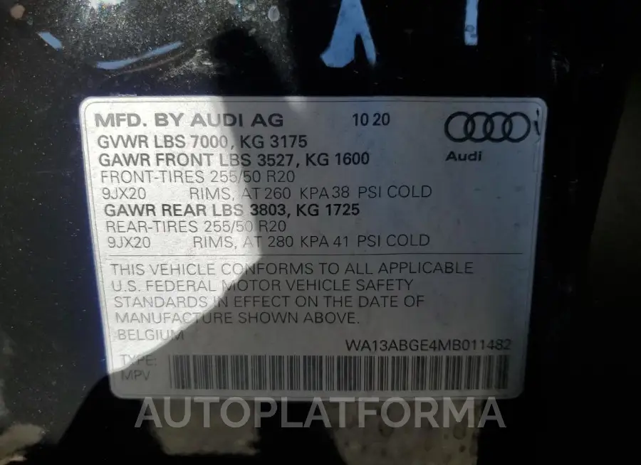 AUDI E-TRON SPO 2021 vin WA13ABGE4MB011482 from auto auction Copart