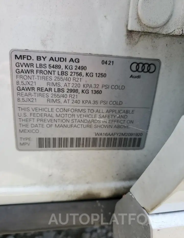 AUDI Q5 SPORTBA 2021 vin WA16AAFY2M2091920 from auto auction Copart