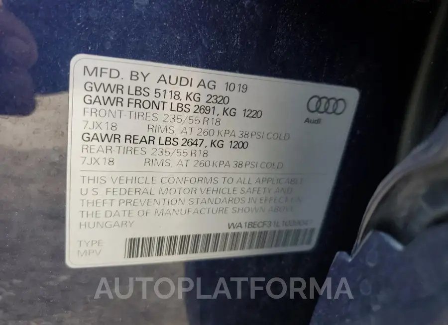 AUDI Q3 PREMIUM 2020 vin WA1BECF31L1039041 from auto auction Copart