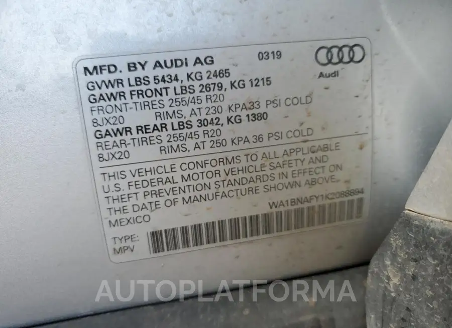 AUDI Q5 PREMIUM 2019 vin WA1BNAFY1K2088894 from auto auction Copart