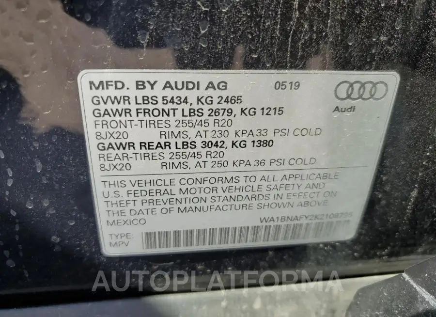 AUDI Q5 PREMIUM 2019 vin WA1BNAFY2K2108795 from auto auction Copart