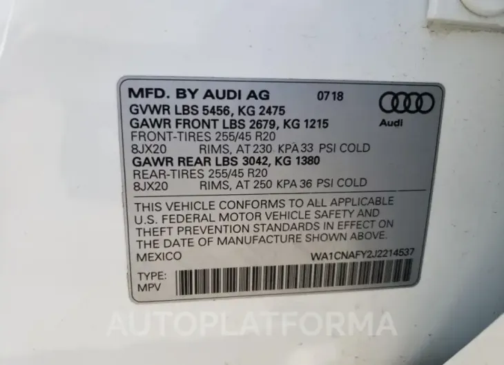 AUDI Q5 PRESTIG 2018 vin WA1CNAFY2J2214537 from auto auction Copart