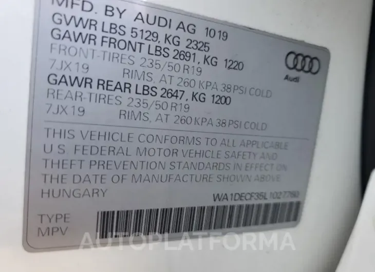 AUDI Q3 PREMIUM 2020 vin WA1DECF35L1027760 from auto auction Copart