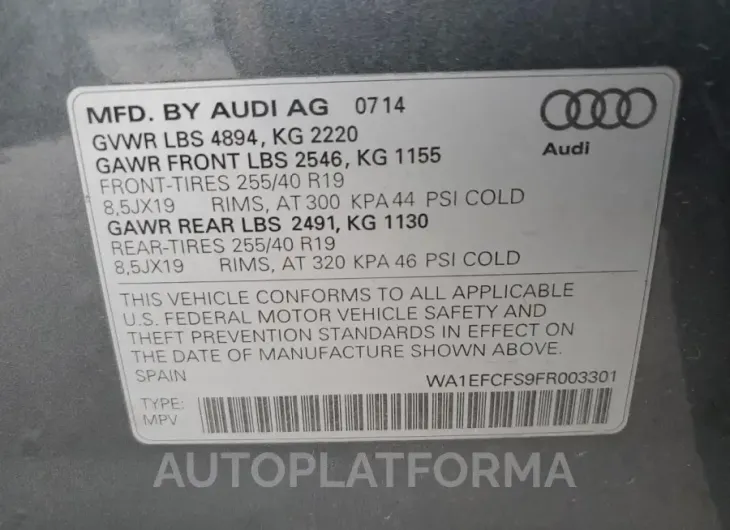 AUDI Q3 PREMIUM 2015 vin WA1EFCFS9FR003301 from auto auction Copart