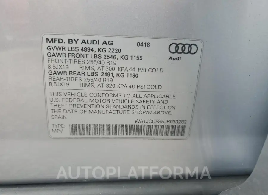 AUDI Q3 PREMIUM 2018 vin WA1JCCFS5JR033282 from auto auction Copart