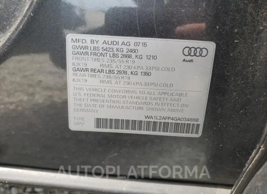 AUDI Q5 PREMIUM 2016 vin WA1L2AFP4GA034698 from auto auction Copart