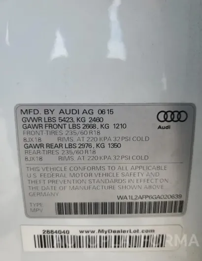 AUDI Q5 PREMIUM 2016 vin WA1L2AFP6GA020639 from auto auction Copart