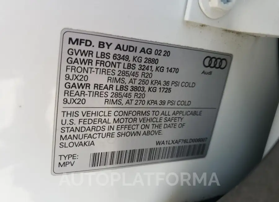 AUDI Q7 PREMIUM 2020 vin WA1LXAF76LD006007 from auto auction Copart