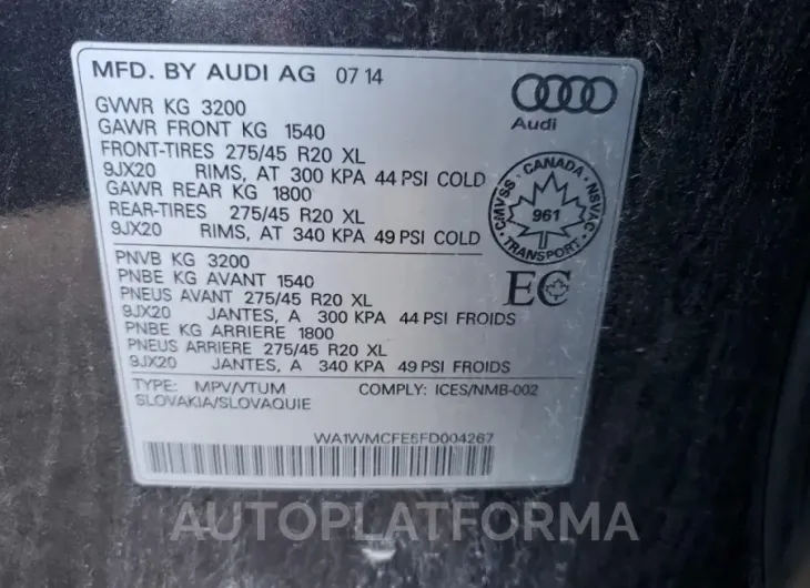 AUDI Q7 TDI PRE 2015 vin WA1WMCFE5FD004267 from auto auction Copart