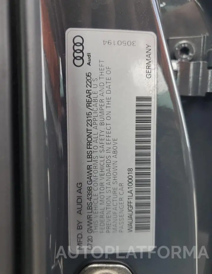 AUDI A3 PREMIUM 2020 vin WAUAUGFF1LA100018 from auto auction Copart