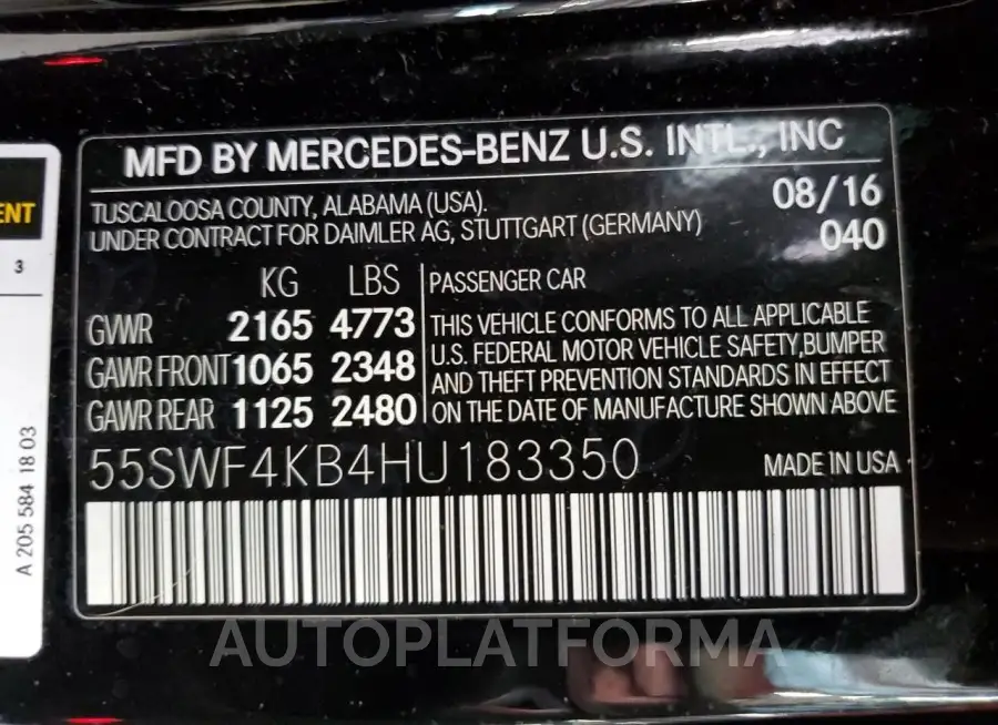 MERCEDES-BENZ C 300 4MAT 2017 vin 55SWF4KB4HU183350 from auto auction Copart