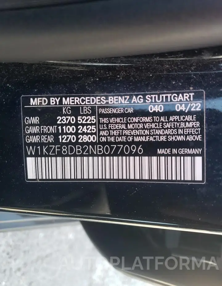 MERCEDES-BENZ E 350 2022 vin W1KZF8DB2NB077096 from auto auction Copart