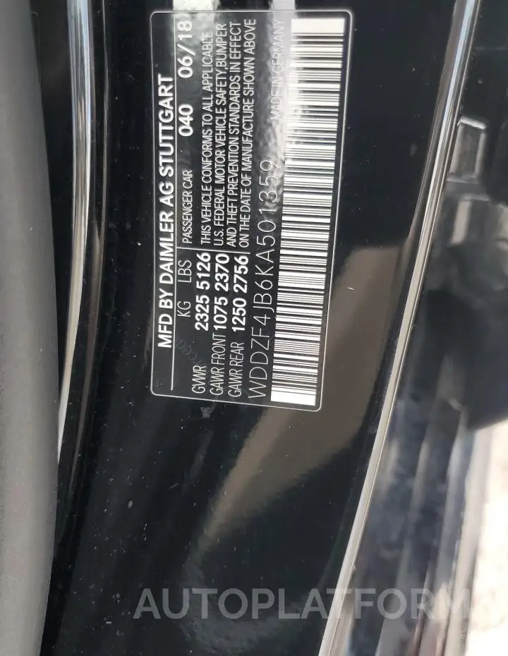 MERCEDES-BENZ E 300 2019 vin WDDZF4JB6KA501359 from auto auction Copart