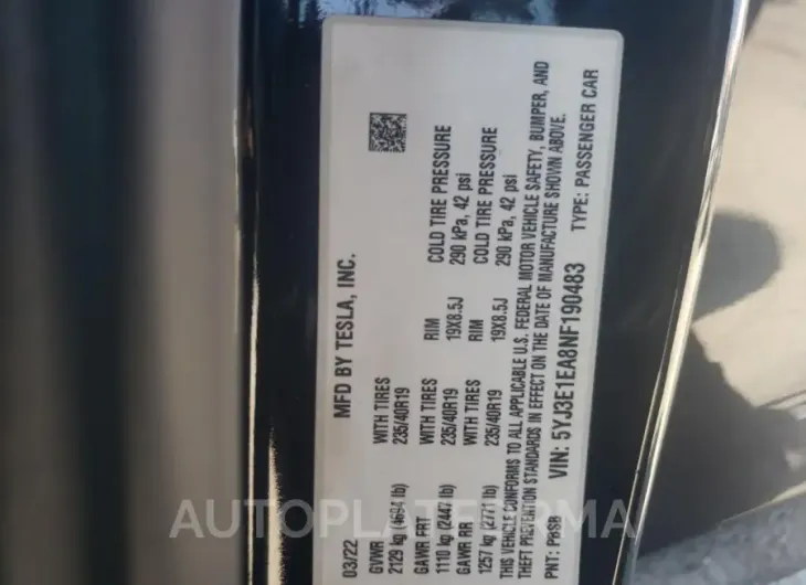 TESLA MODEL 3 2022 vin 5YJ3E1EA8NF190483 from auto auction Copart