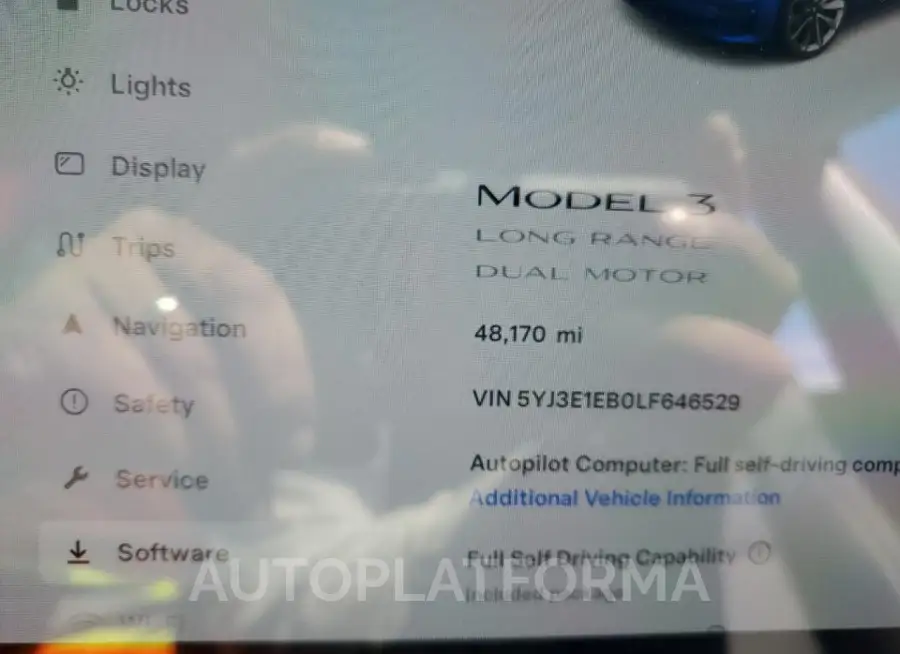 TESLA MODEL 3 2020 vin 5YJ3E1EB0LF646529 from auto auction Copart