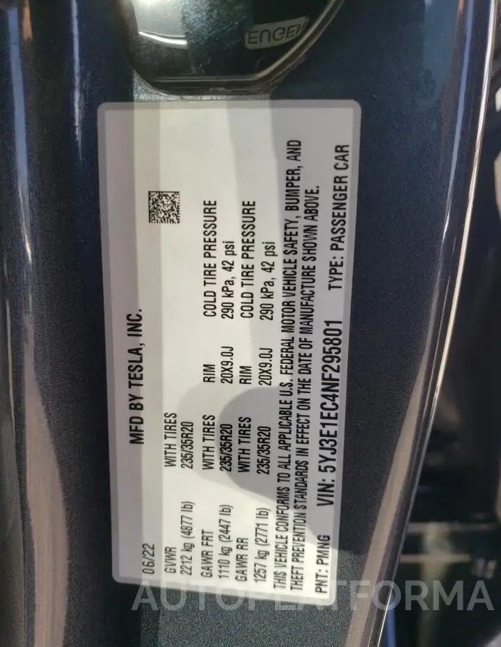 TESLA MODEL 3 2022 vin 5YJ3E1EC4NF295801 from auto auction Copart