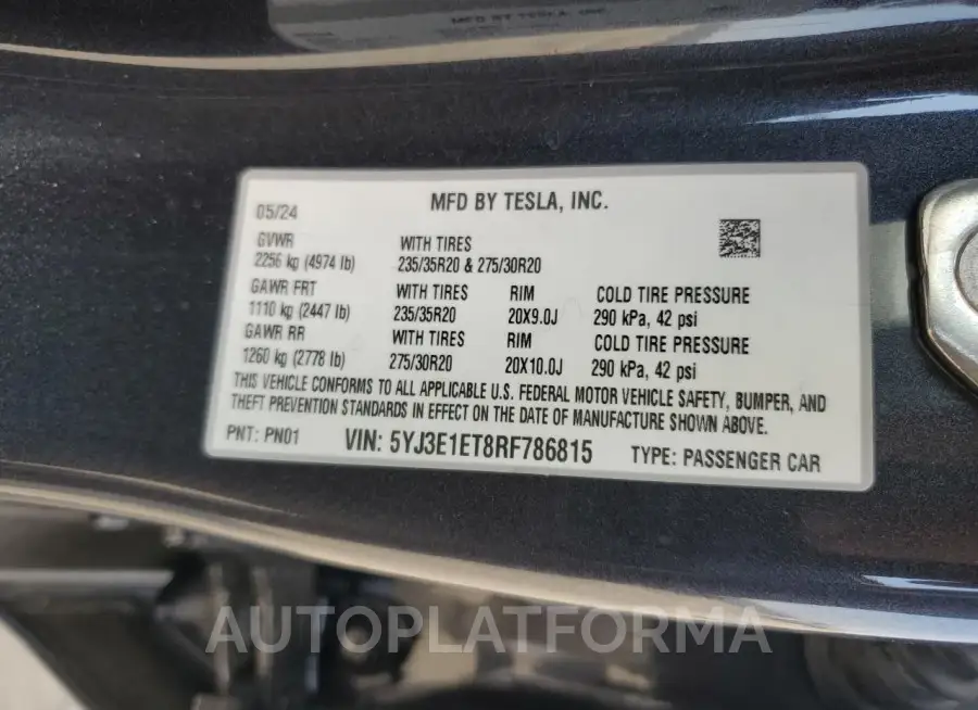 TESLA MODEL 3 2024 vin 5YJ3E1ET8RF786815 from auto auction Copart