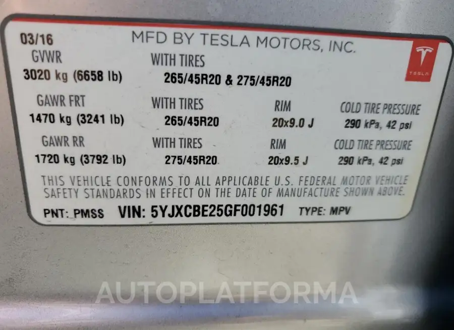 TESLA MODEL X 2016 vin 5YJXCBE25GF001961 from auto auction Copart