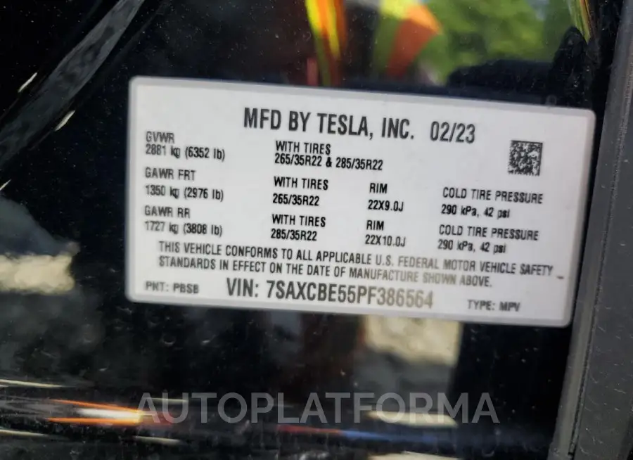 TESLA MODEL X 2023 vin 7SAXCBE55PF386564 from auto auction Copart