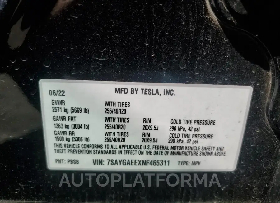 TESLA MODEL Y 2022 vin 7SAYGAEEXNF465311 from auto auction Copart