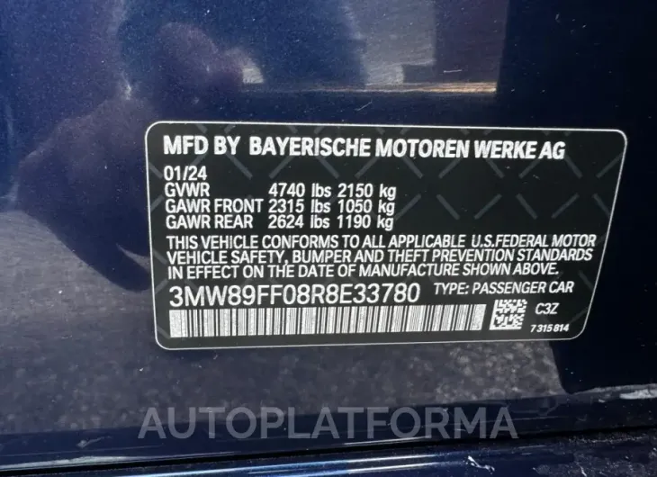 BMW 330XI 2024 vin 3MW89FF08R8E33780 from auto auction Copart