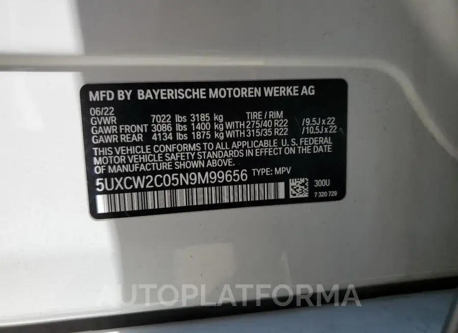 BMW X7 XDRIVE4 2022 vin 5UXCW2C05N9M99656 from auto auction Copart