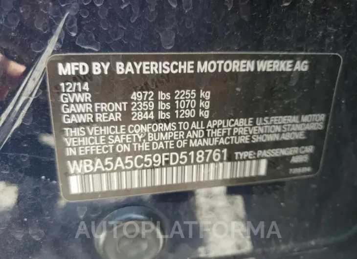 BMW 528 I 2015 vin WBA5A5C59FD518761 from auto auction Copart