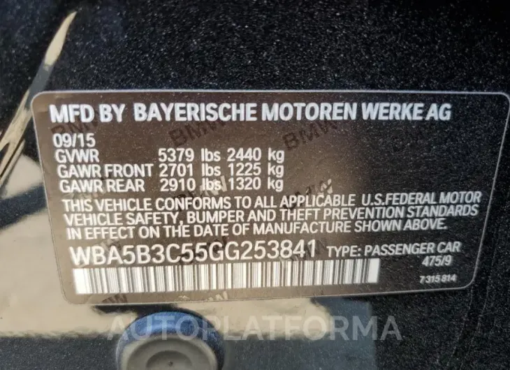 BMW 535 XI 2016 vin WBA5B3C55GG253841 from auto auction Copart