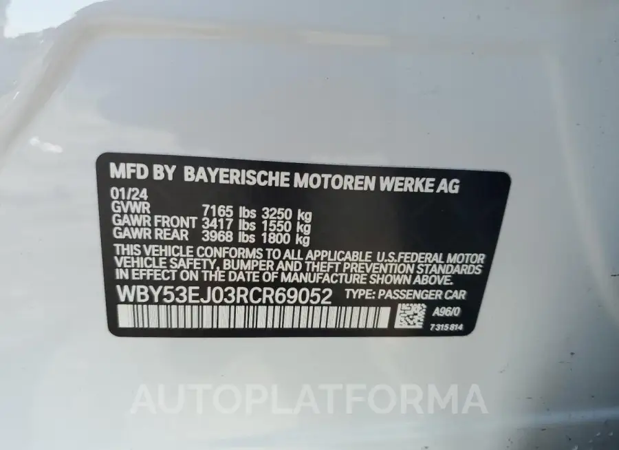 BMW I7 XDRIVE6 2024 vin WBY53EJ03RCR69052 from auto auction Copart