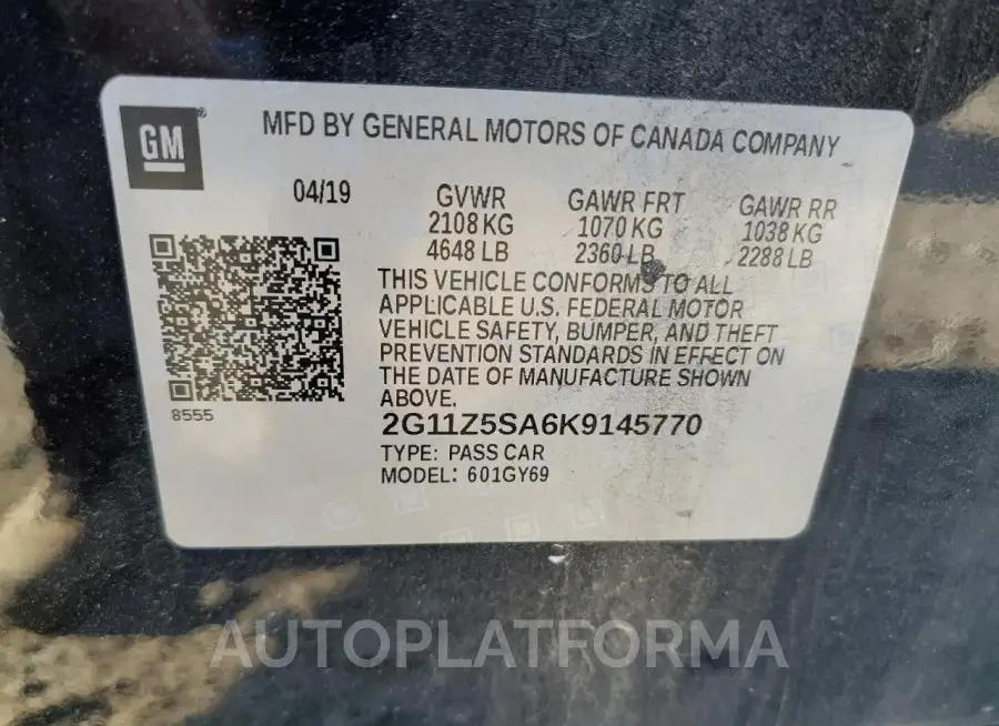 CHEVROLET IMPALA LT 2019 vin 2G11Z5SA6K9145770 from auto auction Copart