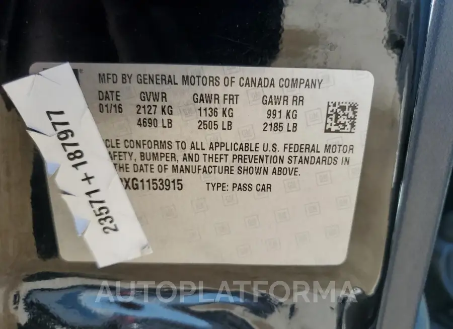 CHEVROLET IMPALA LIM 2016 vin 2G1WC5E3XG1153915 from auto auction Copart