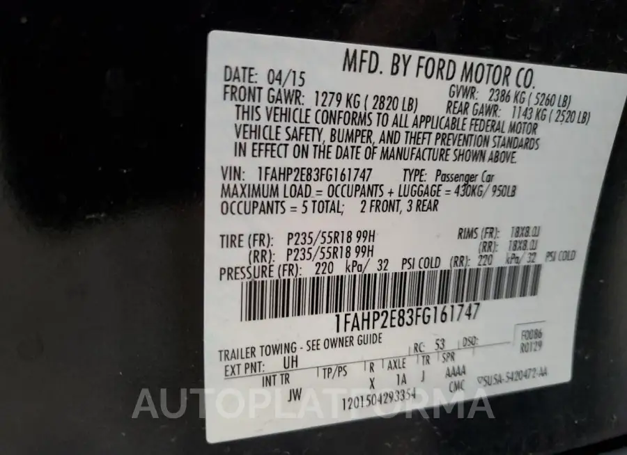 FORD TAURUS SEL 2015 vin 1FAHP2E83FG161747 from auto auction Copart