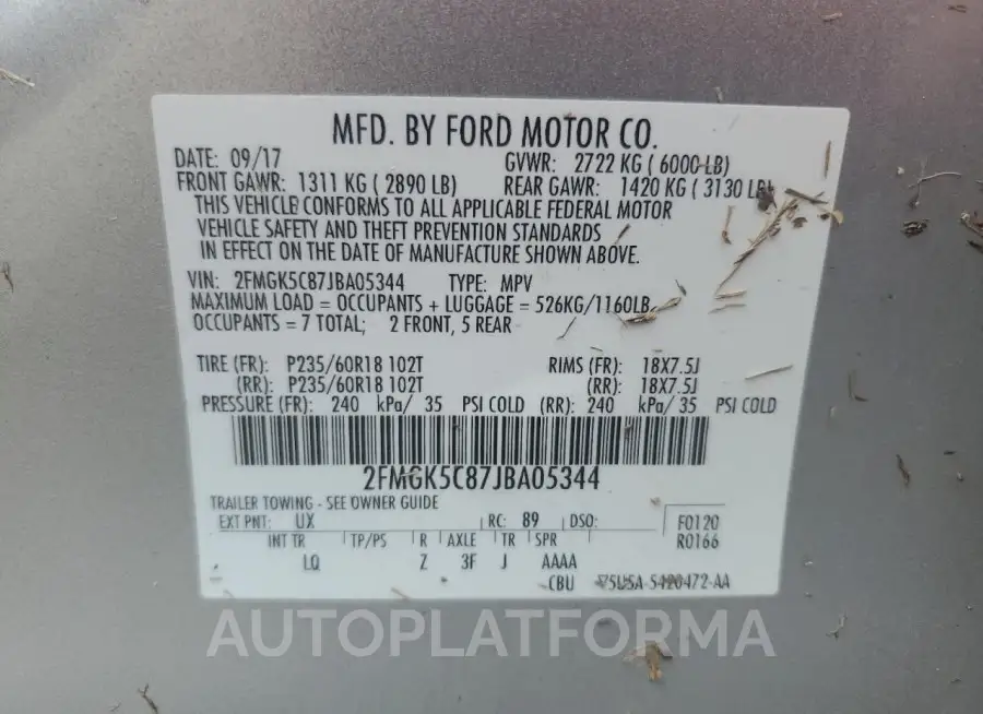 FORD FLEX SEL 2018 vin 2FMGK5C87JBA05344 from auto auction Copart