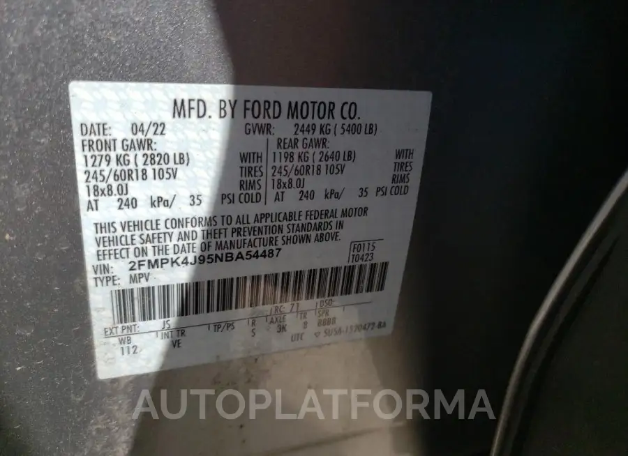 FORD EDGE SEL 2022 vin 2FMPK4J95NBA54487 from auto auction Copart