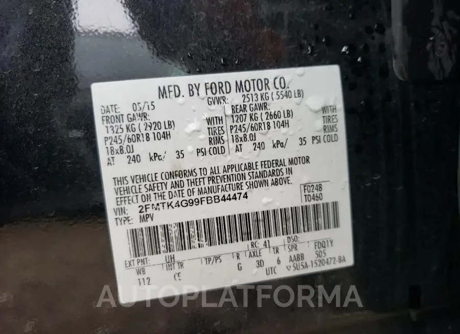 FORD EDGE SE 2015 vin 2FMTK4G99FBB44474 from auto auction Copart