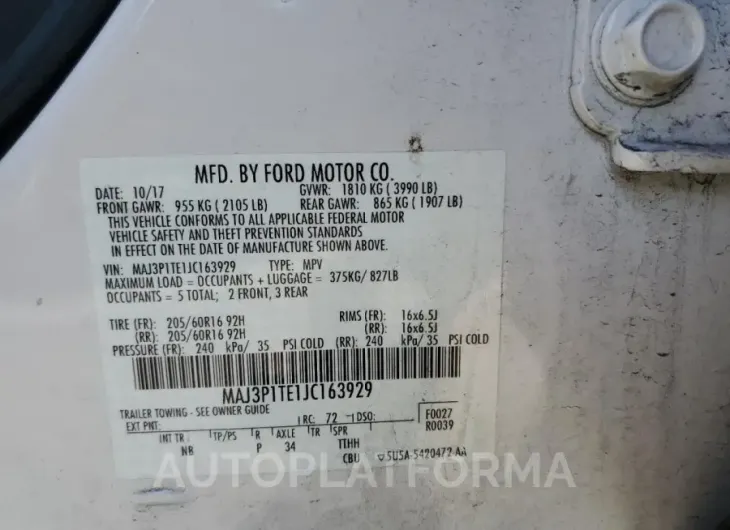 FORD ECOSPORT S 2018 vin MAJ3P1TE1JC163929 from auto auction Copart