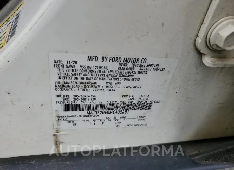 FORD ECOSPORT S 2021 vin MAJ3S2GE0MC402681 from auto auction Copart