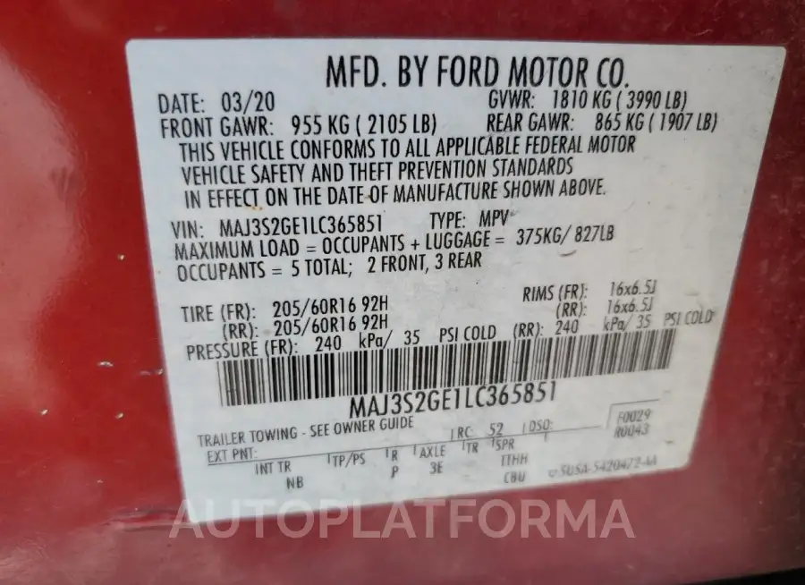 FORD ECOSPORT S 2020 vin MAJ3S2GE1LC365851 from auto auction Copart