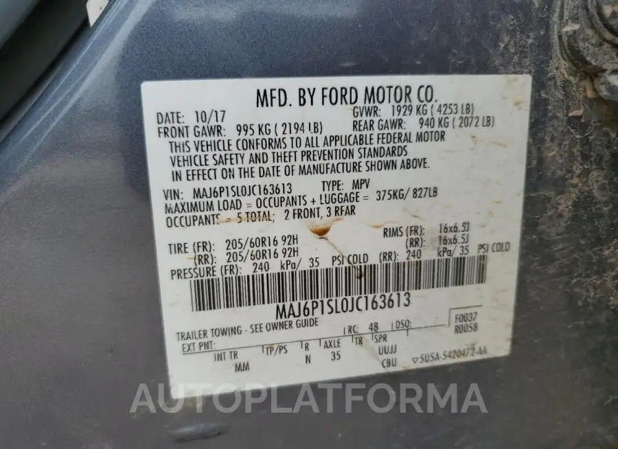 FORD ECOSPORT S 2018 vin MAJ6P1SL0JC163613 from auto auction Copart