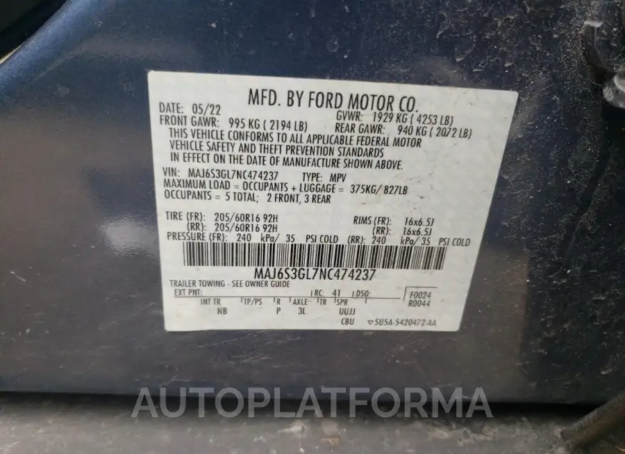 FORD ECOSPORT S 2022 vin MAJ6S3GL7NC474237 from auto auction Copart