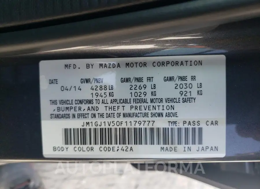 MAZDA 6 TOURING 2015 vin JM1GJ1V50F1179777 from auto auction Copart