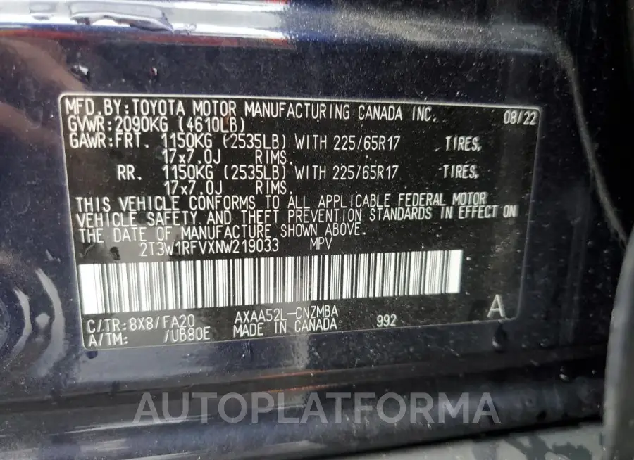 TOYOTA RAV4 XLE 2022 vin 2T3W1RFVXNW219033 from auto auction Copart