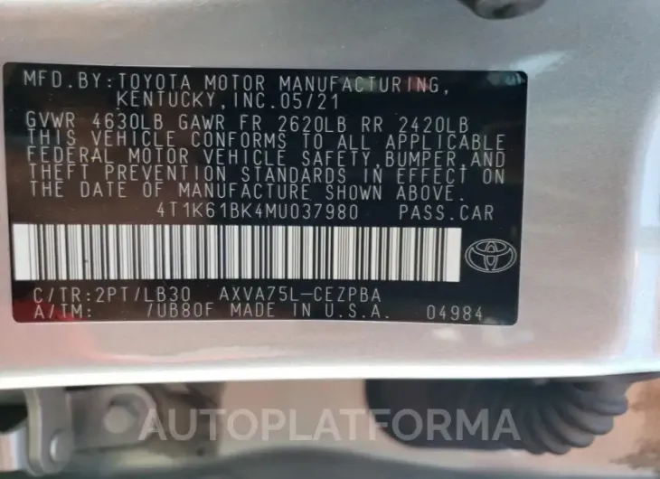 TOYOTA CAMRY XSE 2021 vin 4T1K61BK4MU037980 from auto auction Copart