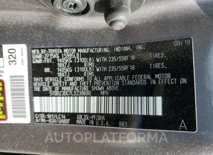 TOYOTA SIENNA XLE 2020 vin 5TDDZ3DC7LS239690 from auto auction Copart