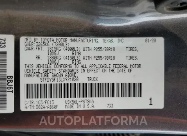 TOYOTA TUNDRA CRE 2020 vin 5TFDY5F13LX921020 from auto auction Copart